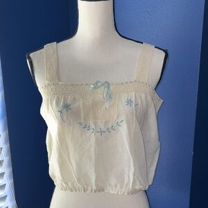 Vintage Cream Cotton Camisole – Tatted Lace, Blue Embroidered Flowers & Ribbon –
